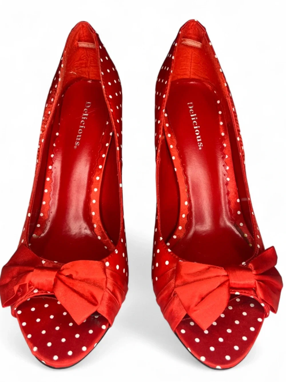 Delicious Red and White Open Peep Toe Polka Dot Pumps - Size 9 - Women’s Heels